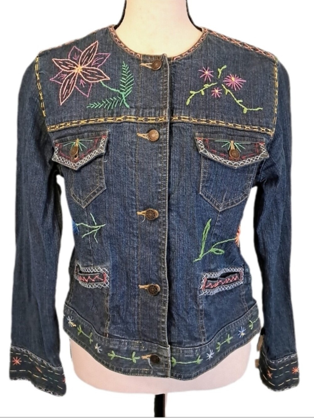 Vtg Crazy Horse Embroidered Stretch Denim Cottagecore Fairy Boho Jacket MP
